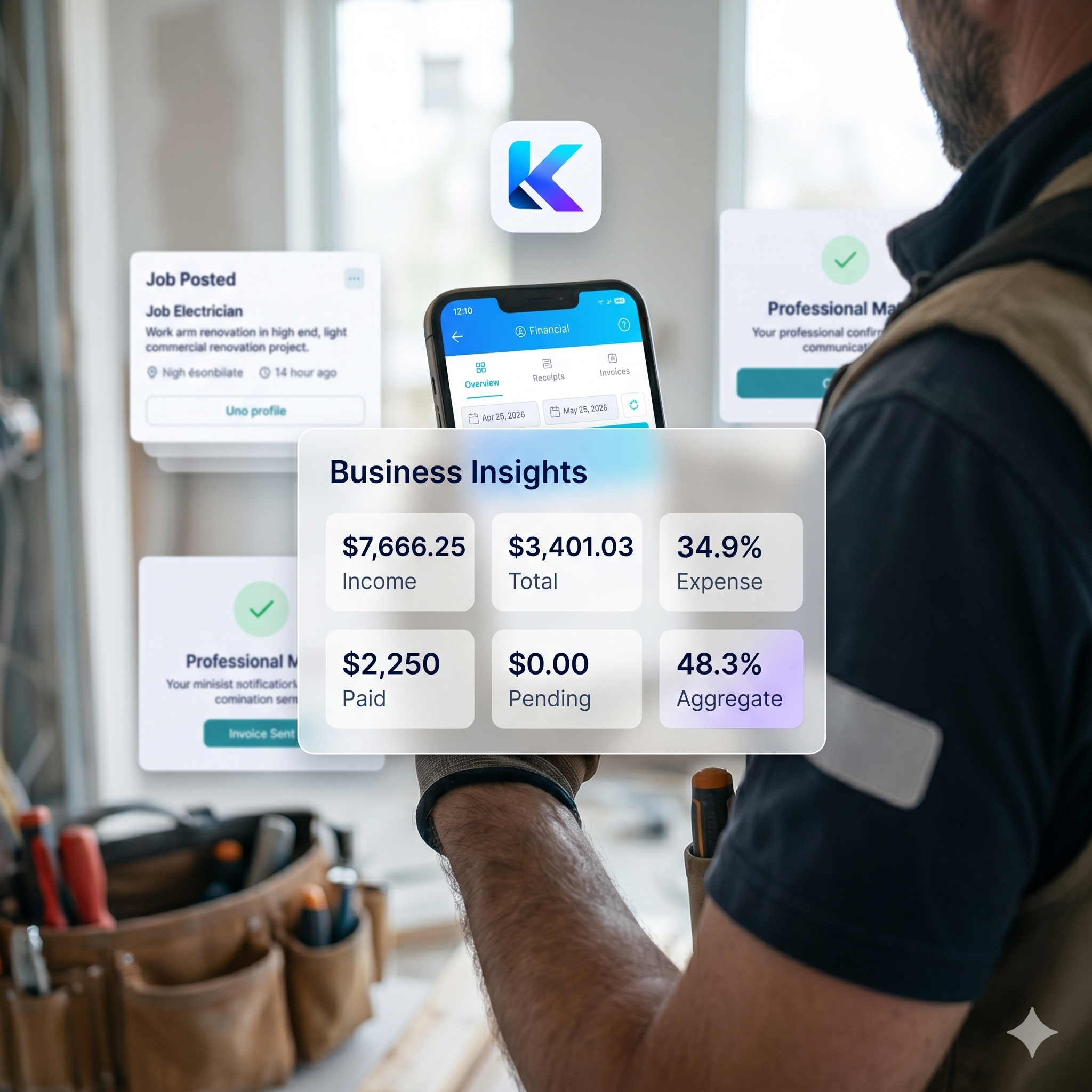 Kavio contractor reviewing business insights on the app