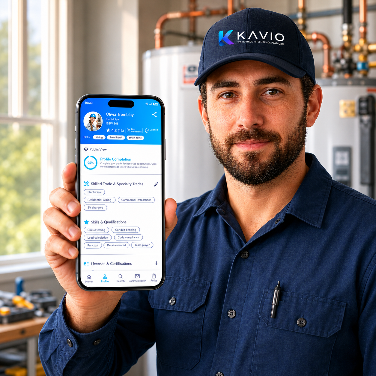 Kavio professional showing the app on the job.