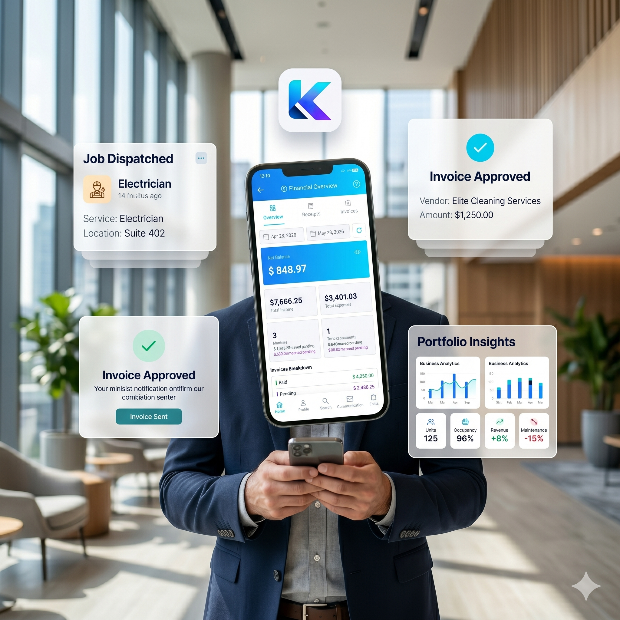 Kavio property manager reviewing portfolio insights on the app