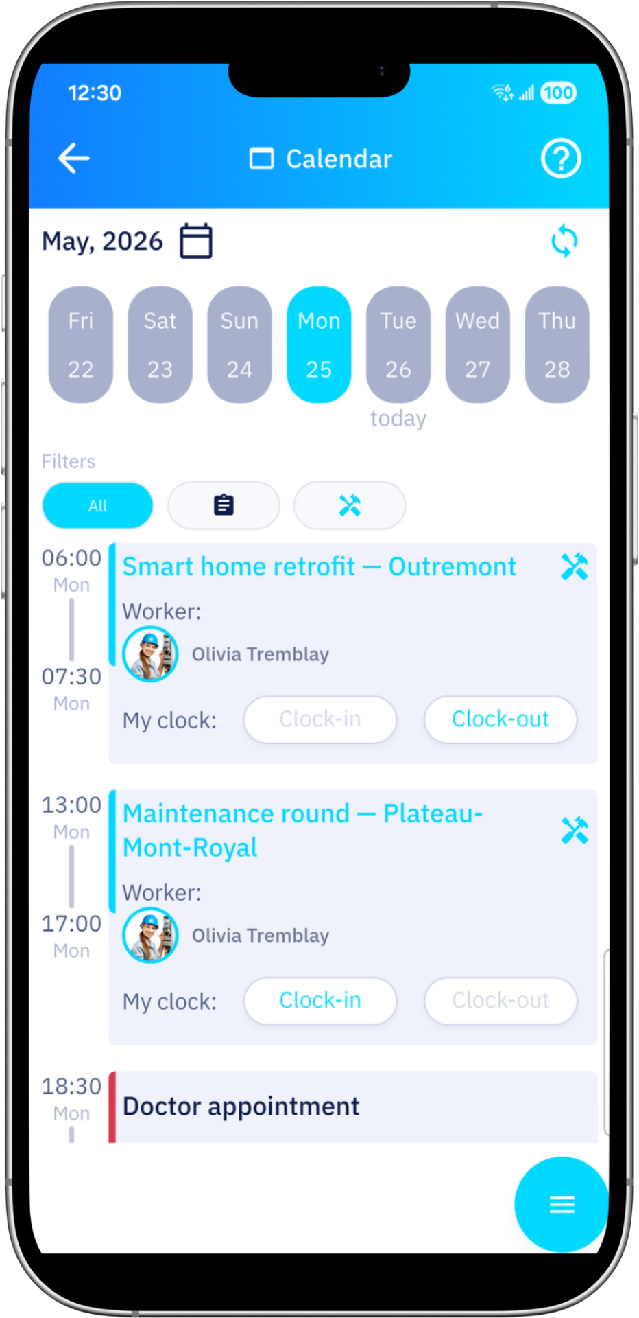 Kavio calendar screen