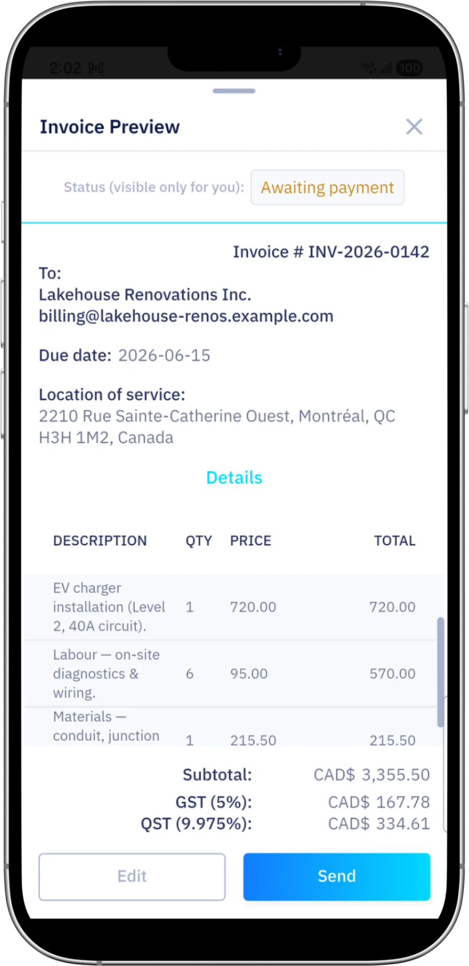 Kavio invoice preview screen