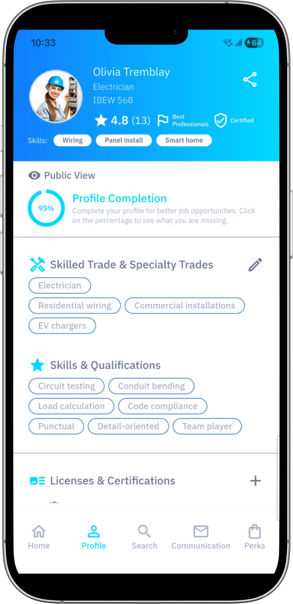 Kavio professional profile screen