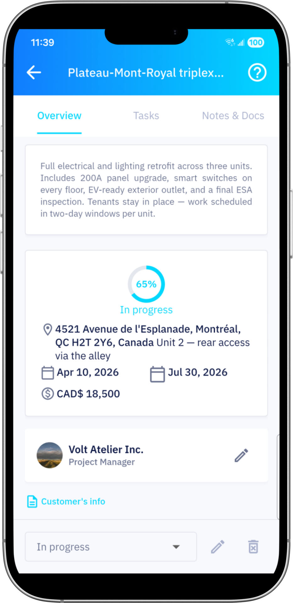 Kavio property page — Overview tab with tasks and shifts